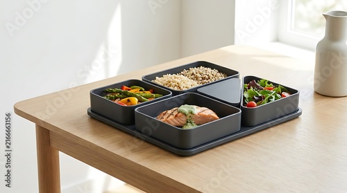 Healthy lunch bento box with grilled salmon rice and fresh salad served on a wooden table at home. modular food trays