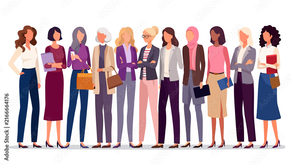 Fototapeta premium Diverse professional business women standing together in a row showcasing various formal work outfits and corporate office attire against a simple plain white isolated background
