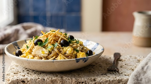 Delicious Brazilian chicken rice dish with crispy potato sticks and black olives