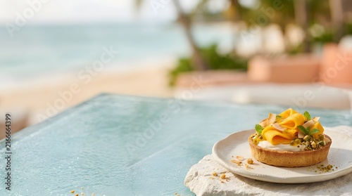 Gourmet fruit tart served on a beach terrace with ocean view