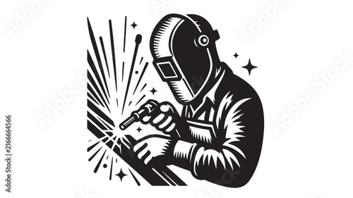 Vintage welder mascot vector illustration. Professional metalworker with welding mask and torch. Industrial fabrication worker logo.
