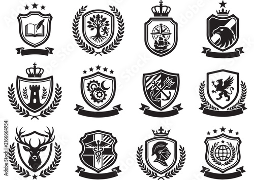 Vintage heraldic crests and shield emblems, collection of 12 black vector coat of arms, classic royal insignia for branding