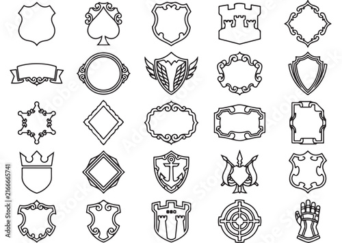 Vintage heraldic shield icons, 25 medieval crest outline vectors, ornate coat of arms frames for branding and logo design