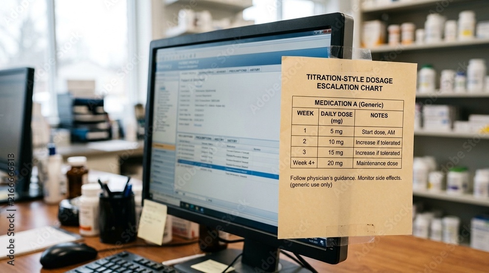 Obraz premium Titration-style Dosage Escalation Chart Taped beside a Pharmacist's Monitor – Workplace Facility Environment