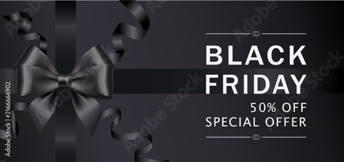 Black Friday sale banner with elegant silk bow. Luxury 50 percent off special offer background. Dark promotional vector poster with satin ribbon.