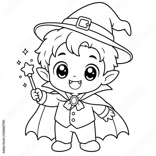 Cute chibi vampire boy holding a basket of flowers with a small bat for a coloring page