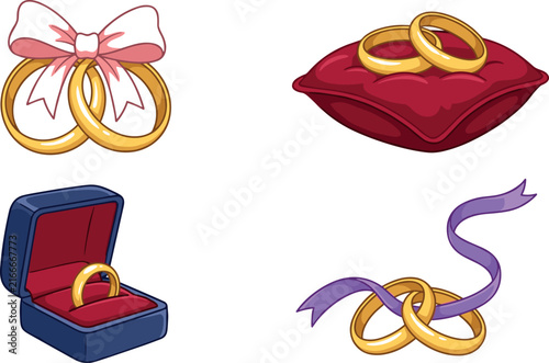  Gold wedding ring icon set with elegant engagement bands jewelry box velvet cushion and ribbon elements for romantic marriage graphic designs