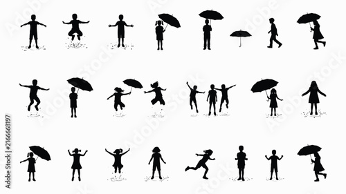 Black silhouettes of children playing in the rain, jumping, and holding umbrellas, isolated on a white background, in a simple, flat style