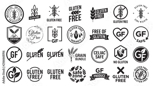 Gluten free labels and icons set, 28 black vector stamps for food packaging, celiac safe and grain free product badges