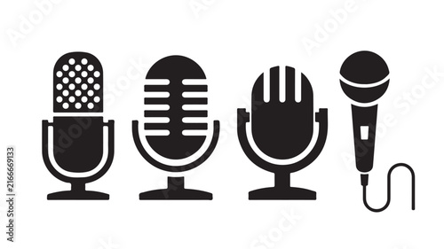 Vintage microphone icons set, retro podcast equipment silhouettes, professional studio mic vector collection for broadcasting