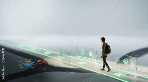 A digital pathway divided into safe and harmful routes, a young user guided toward the safer route by protective design elements