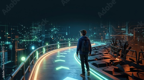 A digital pathway divided into safe and harmful routes, a young user guided toward the safer route by protective design elements