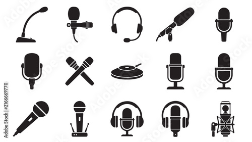 Professional microphone icon set, 15 black audio equipment silhouettes, podcast and recording studio vector symbols for broadcast