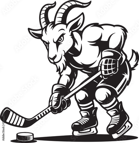 Goat Playing Ice Hockey Silhouette Vector Illustration