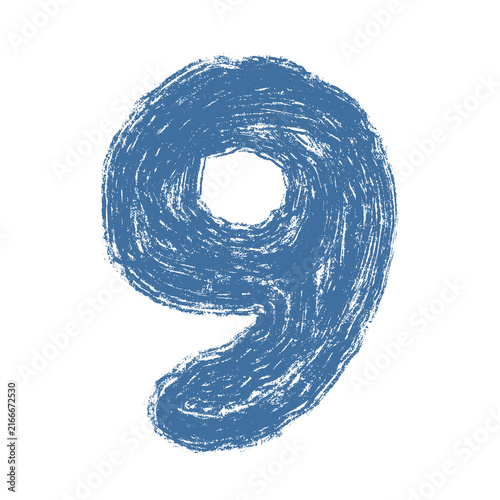 Hand drawn number nine with grunge brush texture, blue numeral isolated on transparent background