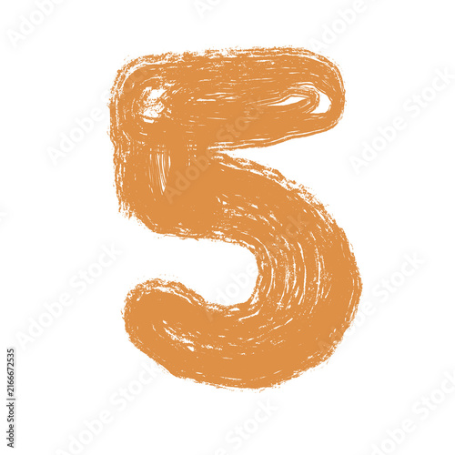 Hand drawn number five with grunge brush texture, orange numeral isolated on transparent background