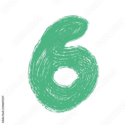 Hand drawn number 6 with grunge brush texture, green numeral isolated on transparent background