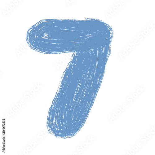 Hand drawn number seven with grunge brush texture, blue numeral isolated on transparent background