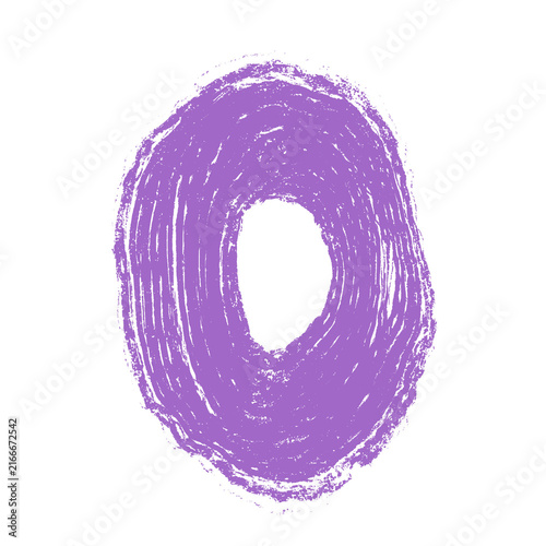Hand drawn number zero with grunge brush texture, purple numeral isolated on transparent background