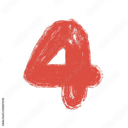 Hand drawn number four with grunge brush texture, red numeral isolated on transparent background