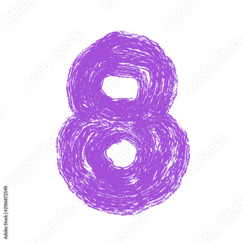Hand drawn number eight with grunge brush texture, purple numeral isolated on transparent background