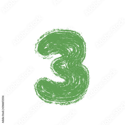 Hand drawn number three with grunge brush texture, green numeral isolated on transparent background