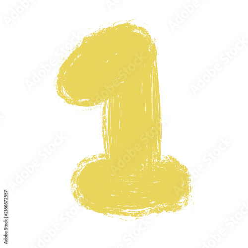 Hand drawn number one with grunge brush texture, yellow numeral isolated on transparent background