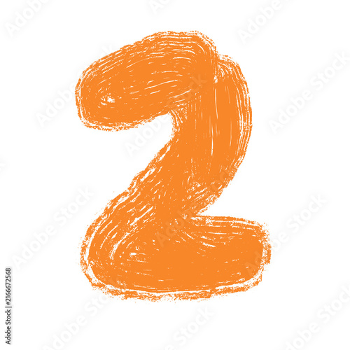 Hand drawn number  two by with grunge brush texture, orange numeral isolated on transparent background