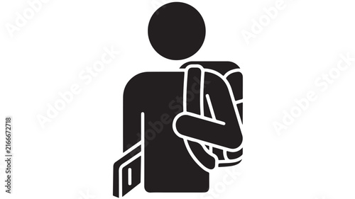 Student silhouette icon with backpack and book. Minimalist school pupil vector graphic. Education and learning symbol for web design.