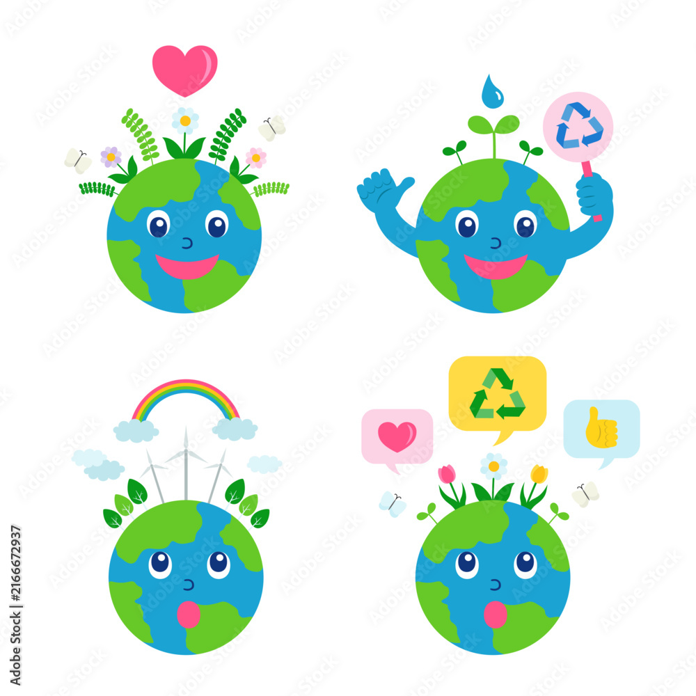Fototapeta premium Earth Day Environmental Illustration with Flowers, Butterfly, Sprout, Recycling, Rainbow and Wind Turbines for a Sustainable Future