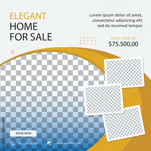 Home for sale social media square template with a large circular placeholder, three smaller frames, and gold wave accents