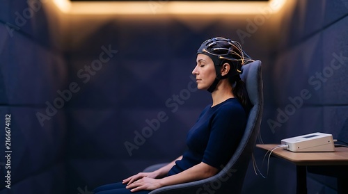 Obraz na płótnie Woman Wearing Brain Computer Interface Headset While Sitting In A