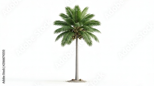 Tall coconut palm tree with lush green fronds and coconuts isolated on white background