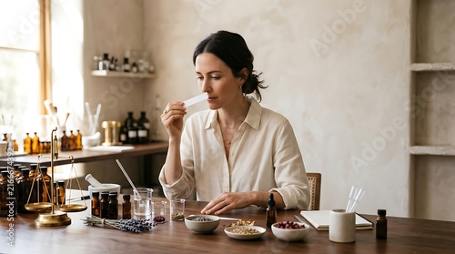 Perfume Maker Smelling Essential Oils While Working In Her Natural