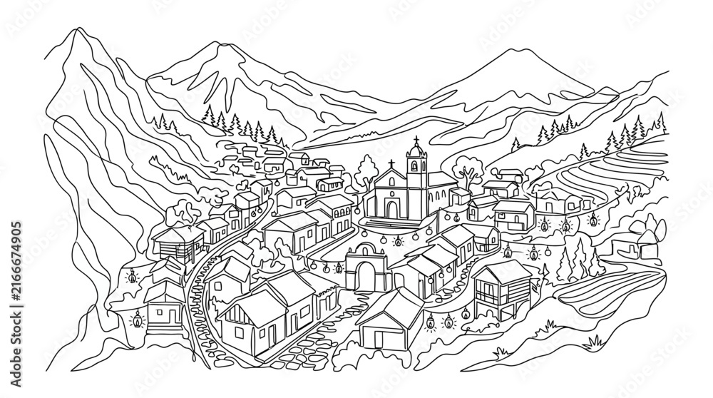 Fototapeta premium Continuous line drawing of a peaceful mountain village with houses and church