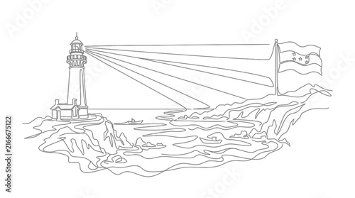 Minimalist one line drawing of a coastal landscape with lighthouse and flag on the cliff