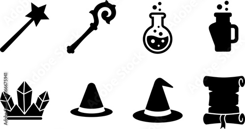 Фотография Set of magic and wizardry icons including wand, staff, potion, crystal crown, an