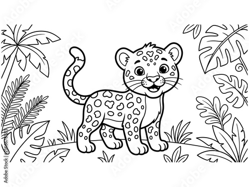 Adorable baby jaguar standing in a jungle scene isolated on transparent background