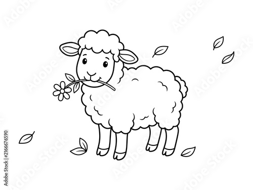 Cute lamb eating leaves with falling foliage hand drawn illustration isolated on transparent background