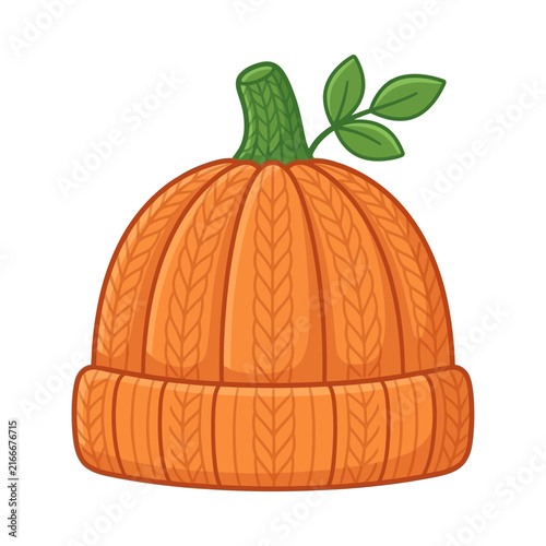 Knitted pumpkin beanie hat vector illustration. Orange autumn wool cap with green stem and leaves. Cozy fall seasonal headwear graphic. isolated on White Background halloween