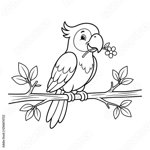 Cute cartoon parrot perched on branch with flower isolated on transparent background