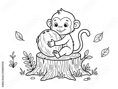Cute monkey sitting on a tree stump hugging a coconut isolated on transparent background
