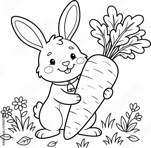 Cute cartoon bunny holding large carrot illustration isolated on transparent background