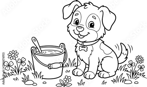 Cute puppy with a bucket and flowers illustration isolated on transparent background