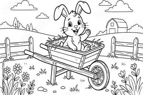 Cute rabbit in a wheelbarrow with vegetables charming farm scene isolated on transparent background