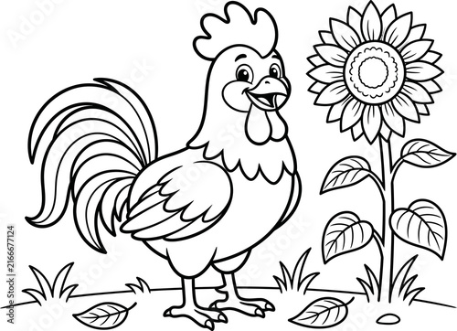 Happy rooster standing beside sunflower illustration isolated on transparent background