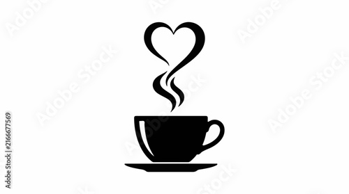 Black coffee cup icon with steam shaped like a heart