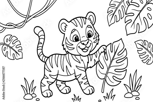 Adorable baby tiger cub walking forward with tropical leaves isolated on transparent background