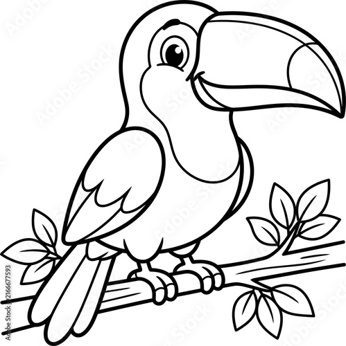 Cute cartoon toucan perched on a branch illustration isolated on transparent background