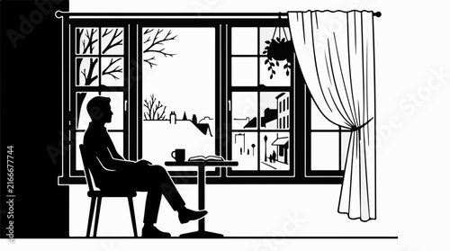 Silhouette of a person sitting by a window with a book